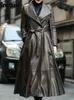 Nerazzurri осенний длинный коричневый черный мягкий плащ из искусственной кожи для женщин с поясом и юбкой элегантный роскошный модный 5xl 6xl 7xl 240124