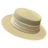 Bérets d'été Chapeau de soleil femmes élégant chaîne de perles chapeaux plats pour Chapeau Feminino paille Panama large bord casquette de plage fille