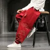 Men's Pants Men Trousers Chinese Style Embroidered Linen Casual Printed Loose Wide Leg Leggings Bloomers Trendy And Fashionable