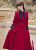 Vestidos casuais estilo britânico design vintage vestido vermelho contraste cor puff manga real princesa festa magro mulheres outono / inverno midi