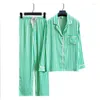 Kvinnors sömnkläder Ice Silk Satin Pyjamas Women Green Stripe Simple Elegant Star Long Sleeve Home Suit Tops Pants Wid Down Collar