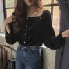 Women's Blouses Black Shirts Women Vintage Puff Sleeve Square Collar French Tops Camisa All-match Streetwear Ulzzang Stylish Camisas De