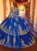 Royal Blue Charro Quinceanera Dresses with Cape Ball Gown Sweetheart Tulle Appliques Long Sleeve Mexican Sweet 16 Dresses 15 Anos