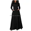 Podstawowe sukienki swobodne Kobieta szyja kieszonka kieszonkowa długa sukienka maxi damskie rękawowe dostawa odzieży damska dhd4a