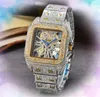 Premium Mens Square Hollow Dial Zegarek Kwarc Ruch Kwarcowy Zegar czasowy Pełny stal ze stali nierdzewnej opaska Sapphire Glass Sky Starry Diamonds Ring Randwatch