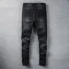 Męskie projektant dżinsów High Elastics w trudnej sytuacji Rowed Slim Fit Motorcycle Biker Denim dla mężczyzn Masowych Czarne spodnie#030 28-38