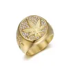 Hip Hop Iced Out Hanfblatt Ring 14k Gelbgold Coole Ringe für Männer Hippie Schmuck Geschenk