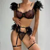 セクシーなセットミラベルフェザーランジェリーセットチェーンG-String Fine Lace Underwear Set Bra Outfit Transparent親密な女性用の贅沢