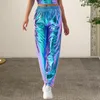 Damenhose, weites Bein, metallisch, hohe Taille, holografische Streetwear-Hose mit reflektierendem Schimmer, Hip Hop