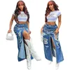 Skirts Fashion Ripped Pockets Blue Denim Skirt Women Hipster Sexy High Split Straight Maxi Fall 2024 Female Harajuku Streetwear