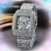 Premium Mens Square Hollow Skeleton Dial Watch Quartz Movement Male Time Clock Full Rostfritt stål Bandkedja Armband Sky Starry Diamonds Ring Bezel Wristwatch