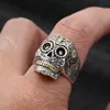 Real Solid 925 Sterling Silver Sugar Skull Rings For Men Mexican Retro Gold Color Cross Sun Flower Engraved Punk Jewelry 240119