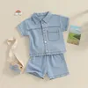 Kläderuppsättningar 0-4Y Baby Denim Shorts Toddler Kort ärm Lapel-skjortor Toppar och byxor Outfits Kids Summer Clothes for Boys Girls Girls