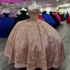 Rose Gold Princess Ball Gown Quinceanera Dress 2024 Applique spetsar från axeln Sweet 16 Dress Vestidos födelsedagsfest klänning