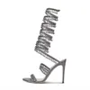 2024 Rene Caovilla Kristal Kristal Avize Sandalet Diz yüksekliğinde uzun boylu Stiletto Topuklu Sandal Akşam Ayakkabıları Kadın Yüksek Topuklu Lüks Tasarımcılar Ayakkabı