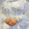 Ethnische Kleidung Weiße Stickerei Glänzende Frauen Muslim Open Abaya Maxikleid Türkei Kaftan Dubai Saudi Eid Ramadan Kimono Puffärmelkleid