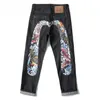 Calças de brim europeias e americanas de alta rua Hip Hop Graffiti Imprimir Jeans Marca na moda Slim Straight Wide Leg Pants Calças 240124