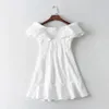 Yaz Ön Düğmesi Beyaz Straplez Elbise Hat Boyun Peplum Etek