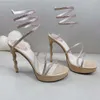 Sandalen Rene Caovilla Sandalen Wasserdichter Plateauabsatz Damen Strassverzierung Schlangenumwickelter Knöchelriemen Leder Offener Zeh Klassische Designer-Hochzeitsschuhe