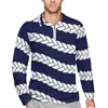 Men's Polos Navy Blue White Nautical Polo Shirt Spring Diagonal Stripes Zipper Casual Long Sleeves Collar Y2K Custom Oversize T-Shirts