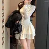 Women's T Shirts 2024 Spring O-neck Bow Lace-up Hollow Solid Color Long-sleeved Cardigan Women Casual Pleated A-line Skirt Two-piece Suit