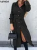 Casual Dresses Vonda Women Shirt Dress Autumn Long Sleeve Belted Elegant Party Sundress 2024 Lapel Solid Loose Vestido Robe Femme