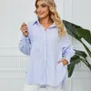 Women's T Shirts Women V-Neck Striped Button Down Oversized Smocked Cuffs Puff Long Sleeve Tunics Tops High Low Blouse With Pockets