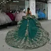 Paillettes vert émeraude sur l'épaule robes de Quinceanera robe de bal appliques d'or dentelle perlée mexicaine douce 16 robes 15 Anos