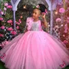 Abiti da festa di compleanno per bambini rosa Abiti gioiello in pizzo con applicazioni di perline Abiti da ragazza di fiori a strati Abito da ragazza di fiori in tulle Abito di comunicazione Abiti per ragazze nere F051