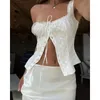 Women's Tanks Summer Floral Eyelet Fitted Crop Tops Women Casual Streetwear Hollow Out Sleeveless Tie-up Front Square Neck Backless Tank