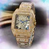 Square Hollow Skeleton Dial Watches Top Quality Mens Iced Out Sky Starry Diamonds Ring Bezel Clock Luxury Japan Quartz Movement Set Auger Super Fine Wristwatch Presents