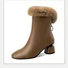 Dress Shoes 2021 Genuine Leather Women Short Boots Wool Fur Shoes for Winter Square Heel Fashion Female Footware Mum Faves Black BeigeBROWNL231228