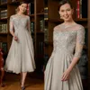 Silver Mother Of The Bride Gowns T Length 3/4 Sleeves Appliqued Lace Beaded and Sequined Dress For Arabic Black Women Wedding Guest Outfit Tiered Tulle AMM019