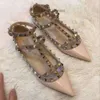 Shoes Heel Studs Valent Pump Summer New Designer v Family Shallow Mouth Mixed Flat Label Rivet Pointed Soft Sole Single