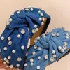 Yağmurluk moda geniş mavi denim çapraz düğümlü kafa bandı kadınlar kişisel inci rhinestone saç bandı vintage saç çember çerçeve aksesuarları