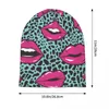 Bérets lèvres roses Style années 80-90 Bonnet chapeaux tricotés Goth Ski imprimé léopard Skullies bonnets unisexe chaud casquette à double usage