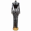 Stage Wear Sexy Shining Silver Rhinestones Mirrors Birthday Celebrate Dress Singer Dance See Through Black Mesh Stretch Po Shoot