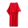 Kvinnors blusar Trafza Asymmetric Cape Style Red Satin Shirt Fashionable Round Neck Casual Long Holiday 2024