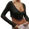 Women's T Shirts Lace Crop Tops Summer Sexy Sheer Long Sleeve Deep V Neck Blouse Chic See-Through Slim Fit T-Shirts Dressy Blouses Street