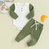 Clothing Sets Soft Cotton Ribbed Baby Girls Boys Clothes Fall Spring Kids Outfits Buttons Contrast Color Long Sleeve Rompers Long Pants Set