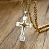 Collar de cruz de roca para hombres, cadena bizantina elegante de oro blanco de 14 quilates, collar con colgante de crucifijo católico, joyería 5309
