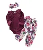 Flickkläder set baby outfits barn ruffle långärmad romper topsfloral pants bowknot pannband 3pcsset barn designer tyg9269357