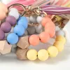 14 Colors Wooden Tassel Bead String Bracelet Keychain Food Grade Silicone Beads Bracelets Women Girl Key Ring Wrist Strap Bracelet LL