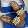 2024 Mulheres Goldie Slide Chinelos Flat Pearl Sandálias Vintage Squared Toe Couro Designer Chinelos Marca Elegante Sandália Bege Preto 5 Cores Top Quality Com Caixa