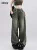 Damenjeans Circyy Grüne Frauen Hohe Taille 2024 Herbst Kordelzug Breites Bein Ganzkörperhose Vintage Burr Loose Washed Hose