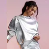 Bluza damska bluzy srebrna metalowa bluza dla kobiet z długim rękawem błyszczące topy High Street punk Glitter Autumn strój