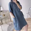 Party Dresses Vintage Polo Neck Knee Length Denim Dress Korean Cargo Baggy Straight Half Sleeve Pocket Shirts Jeans Summer Women 2024