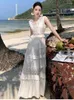 Casual Dresses Summer Bohemain Cotton Hollow Out Long Dress Runway Woman V-neck Lace Patchwork Slim High Waist Beach White