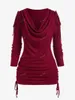 Kvinnors T-skjortor Rosegal Plus Size Cowl Neck Rib-stickad Cinched Ruched T-shirt Deep Red Long Sleeve Sticked Top Fashion Tees