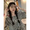 Women's Blouses Summer Women Vintage Doll Plaid Chic Ladies Ulzzang Student All-match Styles Casual Cozy Hipster Lace-up Design Shirts